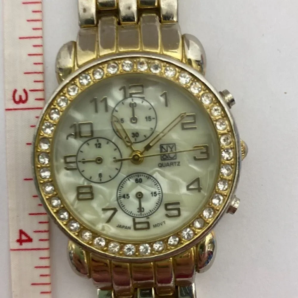 NY & Co Women's Gold Tone Metal Link Bracelet Band Rhinestone Wristwatch‎